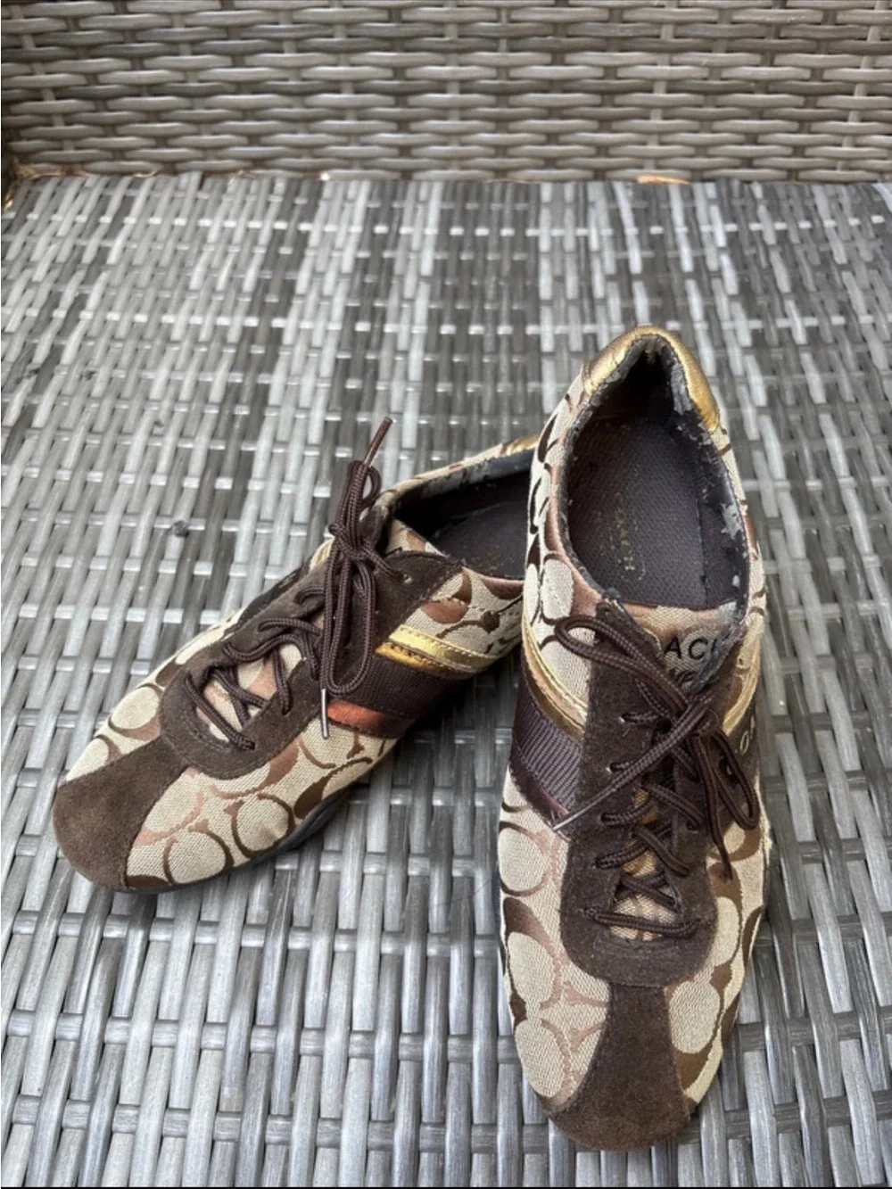 Coach Brown Signature Canvas Sneakers with Gold & Bronze Stripes - Women
